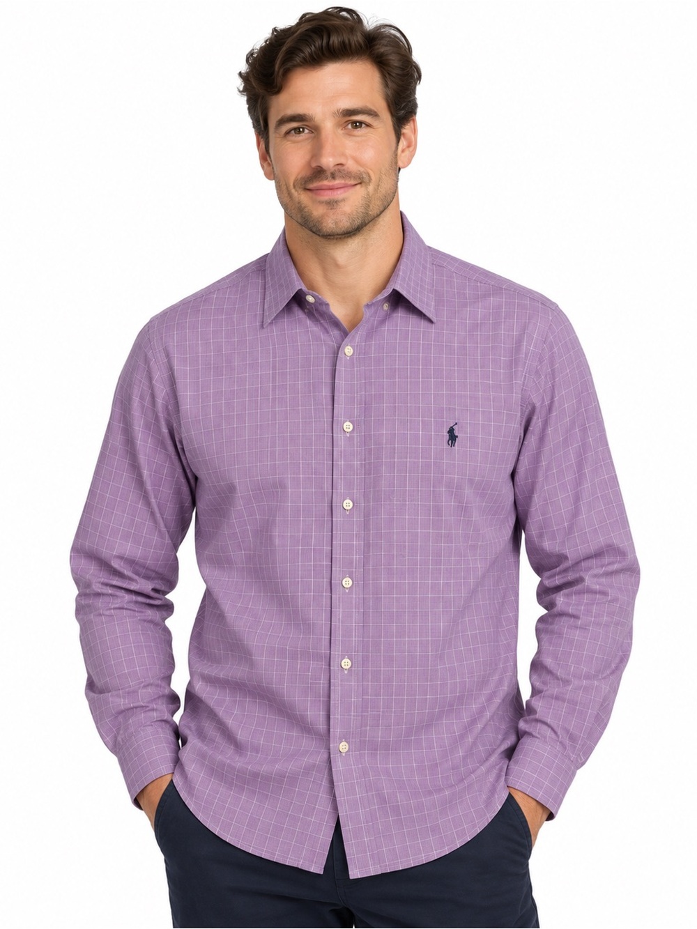 Polo Ralph Lauren Andrew Men's 17 36/37 Purple Check Dress Shirt Cotton Pony